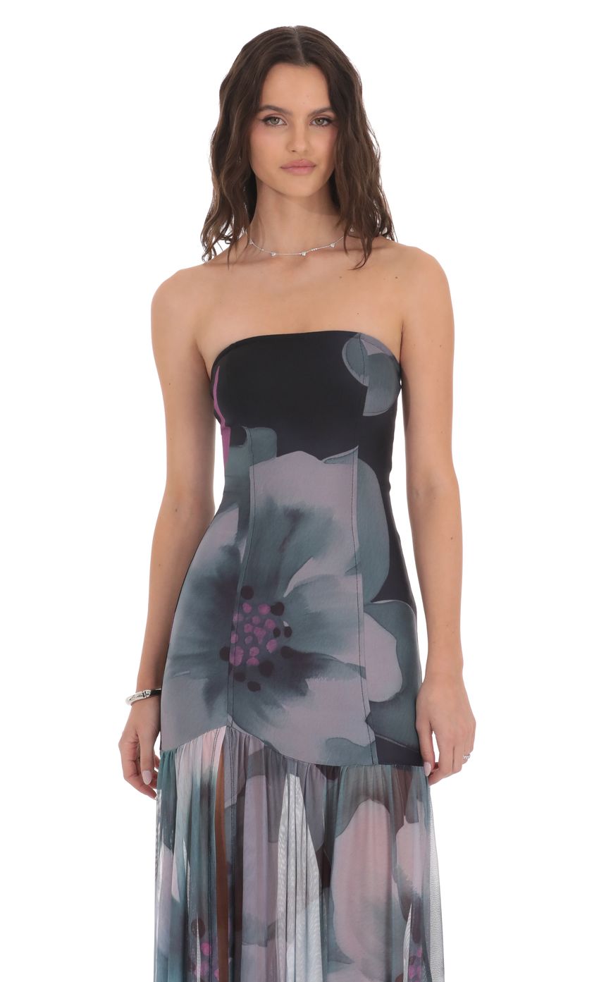 Floral Mesh Strapless Maxi Dress in Navy