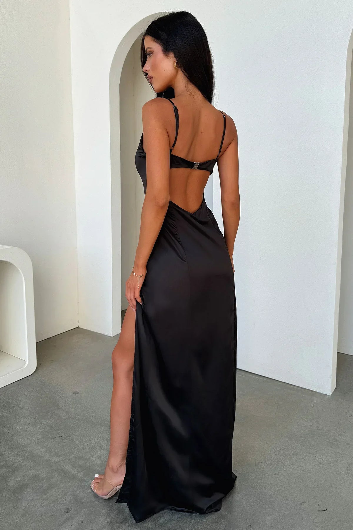 Violetta Scoop Neck Satin Maxi Dress - Black