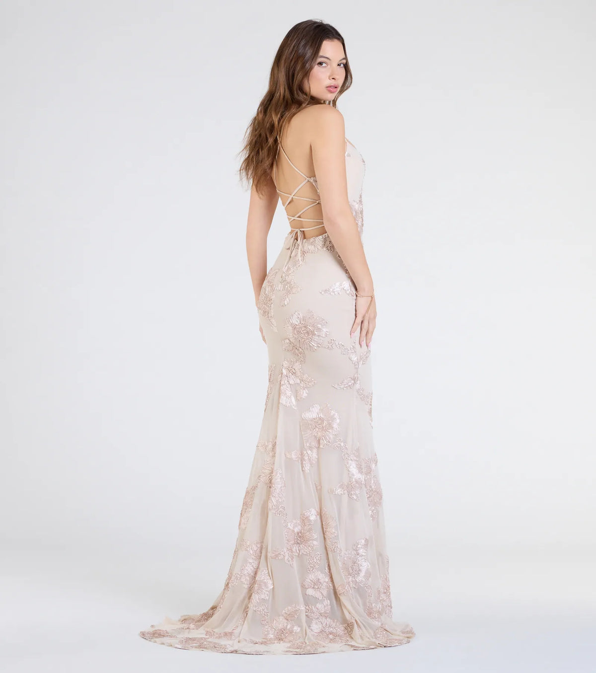 Gabi Lace-Up Floral Trim Mermaid Formal Dress