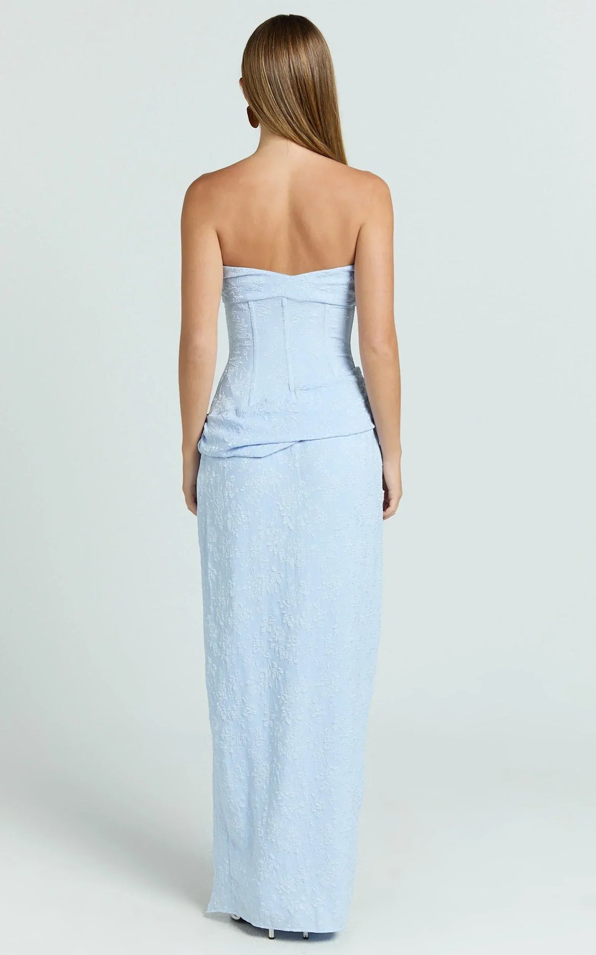 Berri Maxi Dress - Strapless Jacquard High Split Dress in Blue
