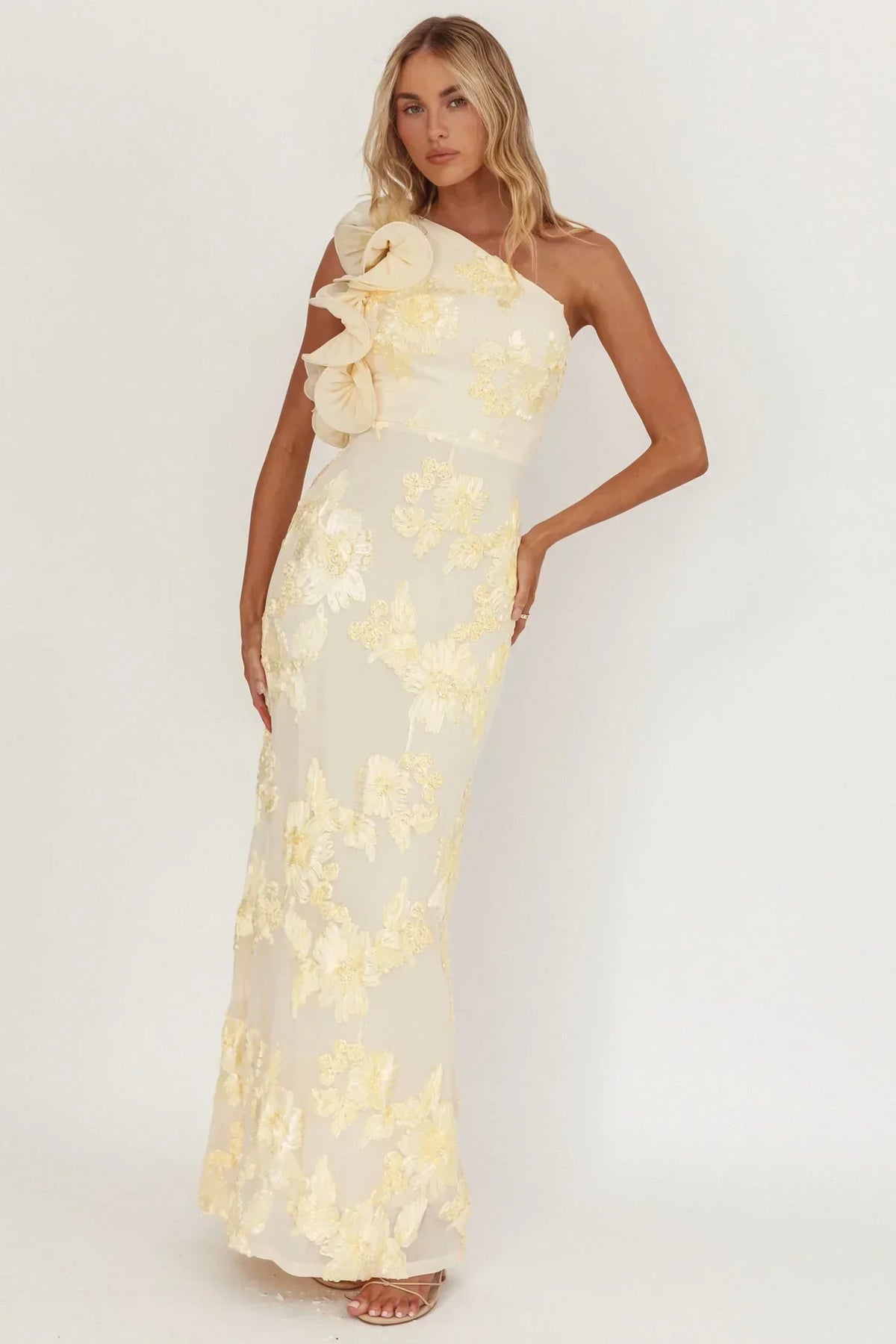 Deanna One-Shoulder Ruffle Maxi Dress Floral Texture Yellow