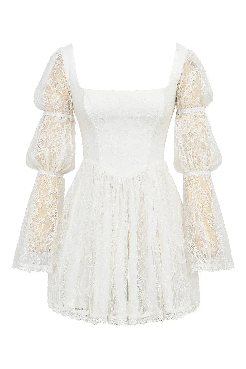 White Lace Puff Sleeve Mini Dress