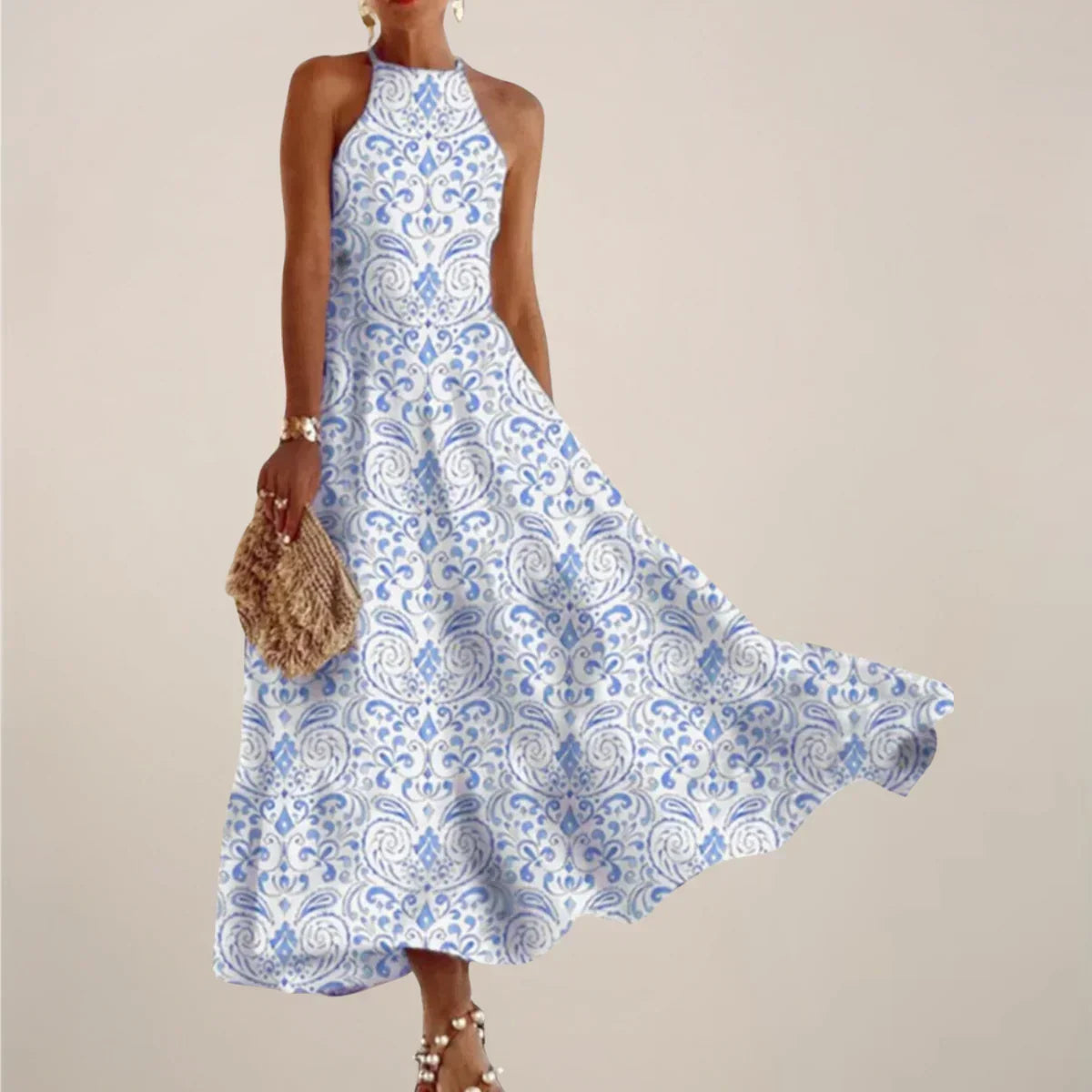 Women’S Printed Halter Neck Maxi Dress – A-Line Flowy Summer Dress