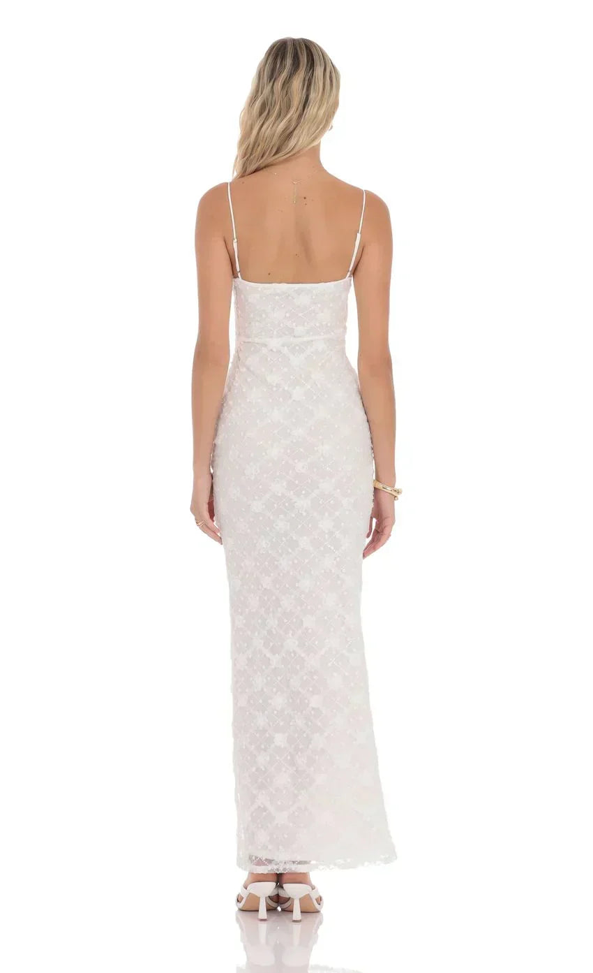 Sequin Floral Maxi Dress in White