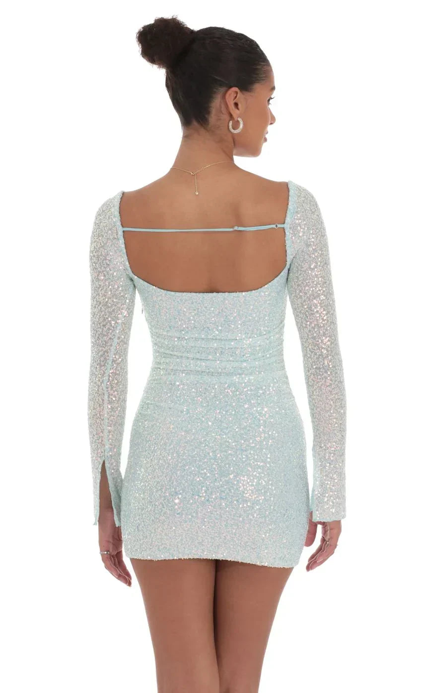 Knit Sequin Long Sleeve Dress in Blue