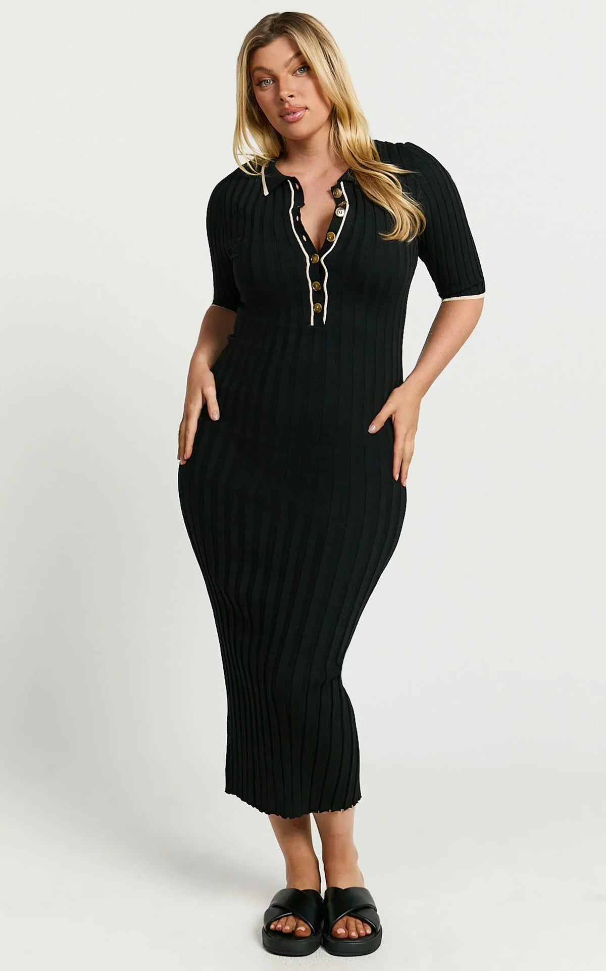 Lada Midi Dress - Short Sleeve Button Front Knit Dress in Black