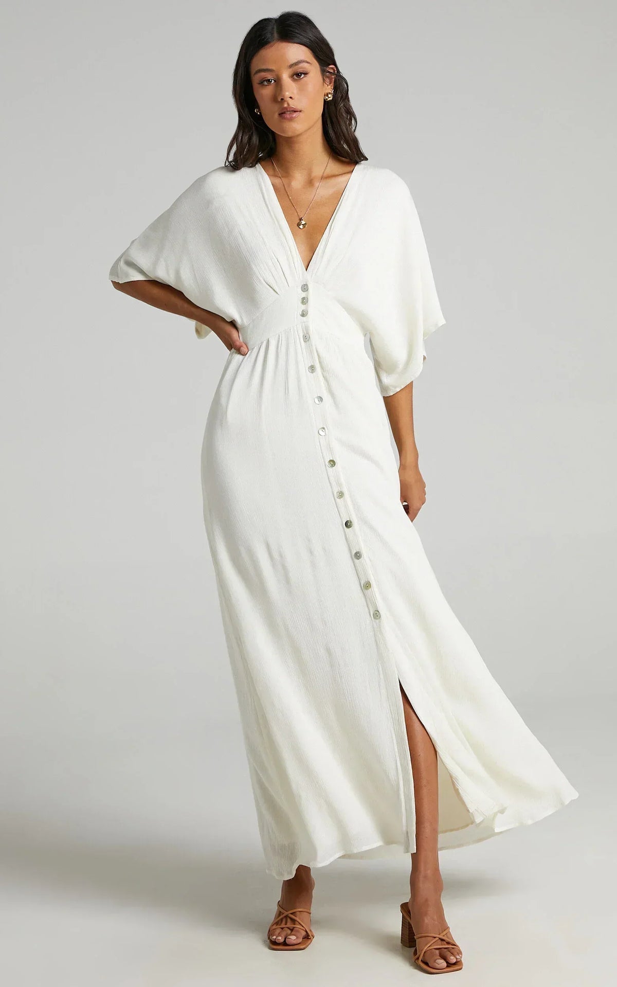 Sitting Pretty Maxi Dress - Short Sleeve Button Down Dress In Natural