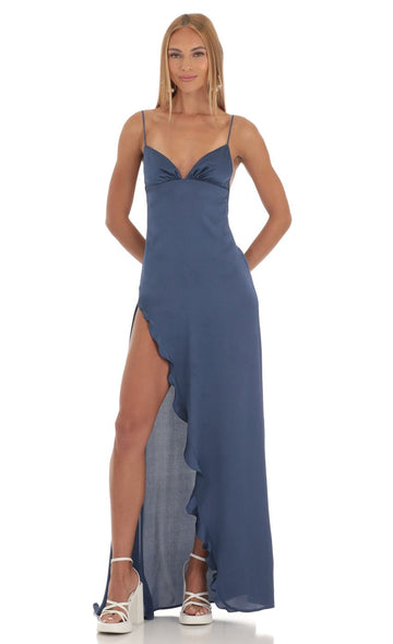 Satin Ruffle Maxi Dress in Blue