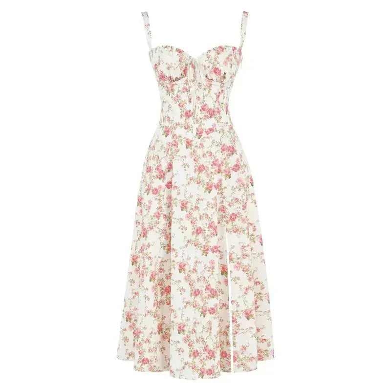 Corset Midi Dress – Tailored Waist And Flowing Skirt