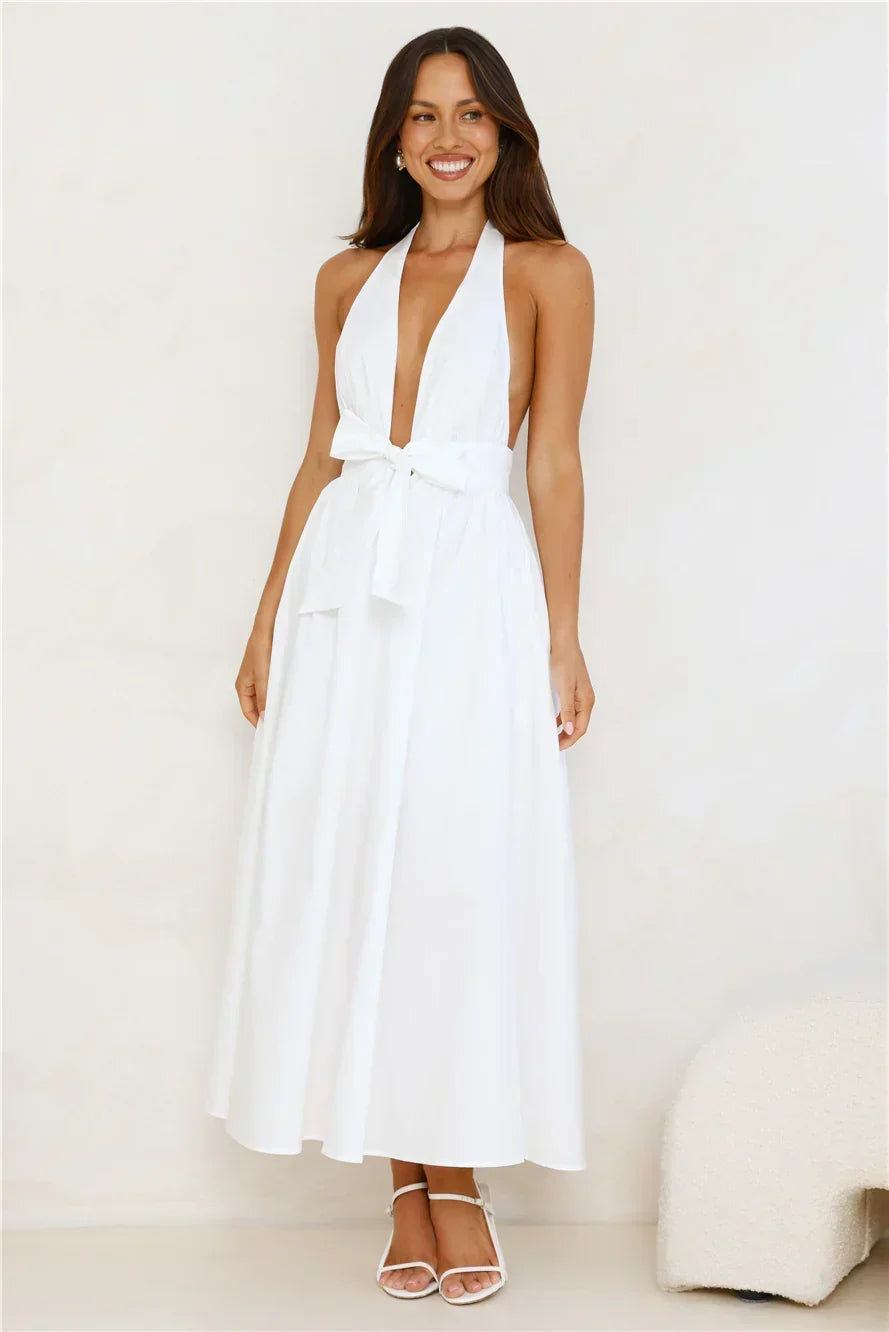 Moonlit Reverie Halter Midi Dress White