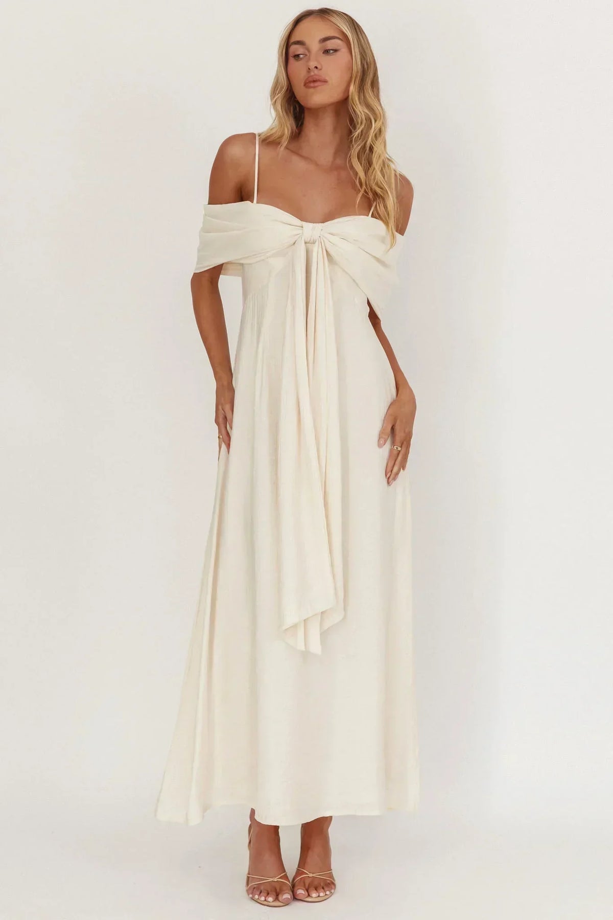 Lillibet Bow Tied Bust Midi Dress Cream