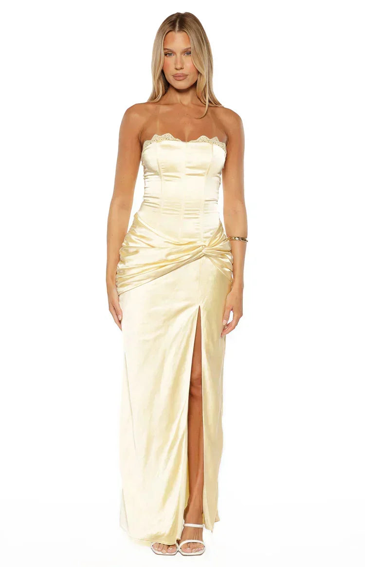 Sasha Yellow Ruched Twist Satin Maxi Dress