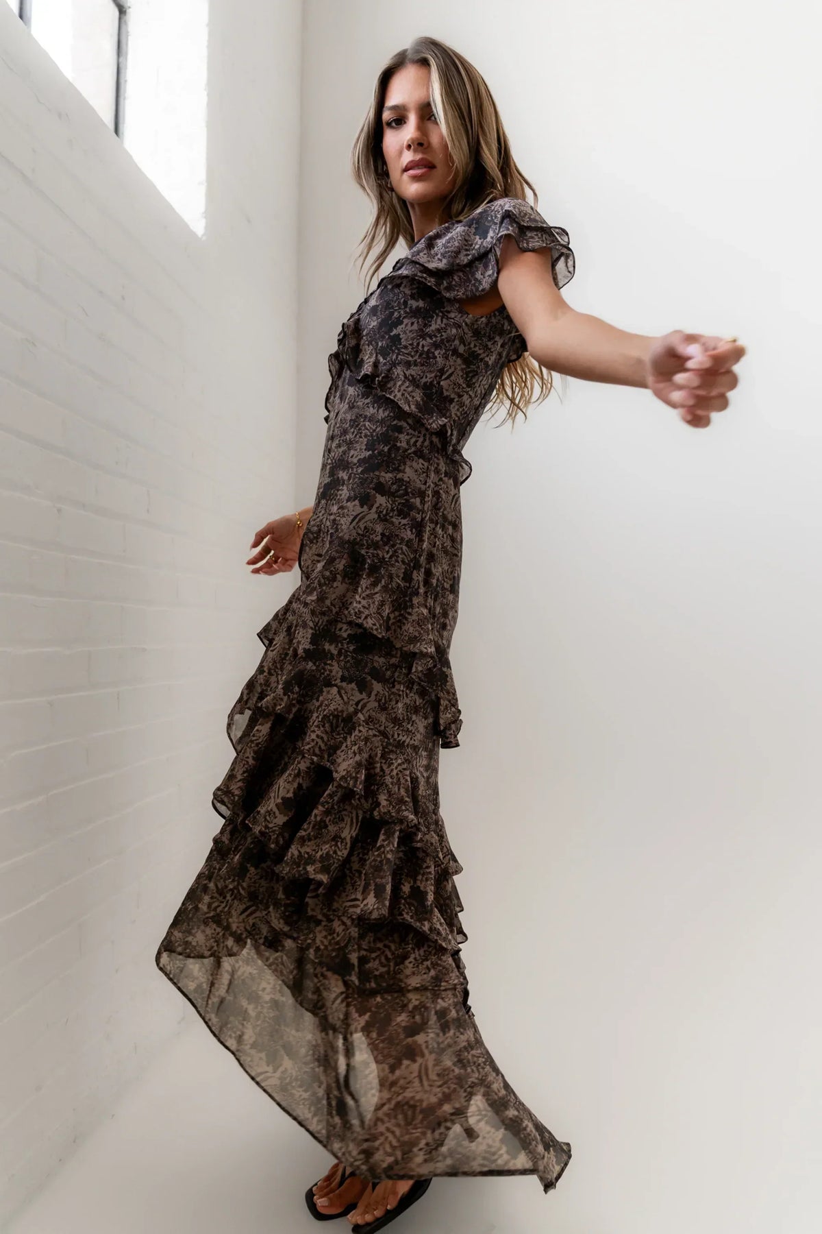 James Ruffle Maxi Dress In Grey