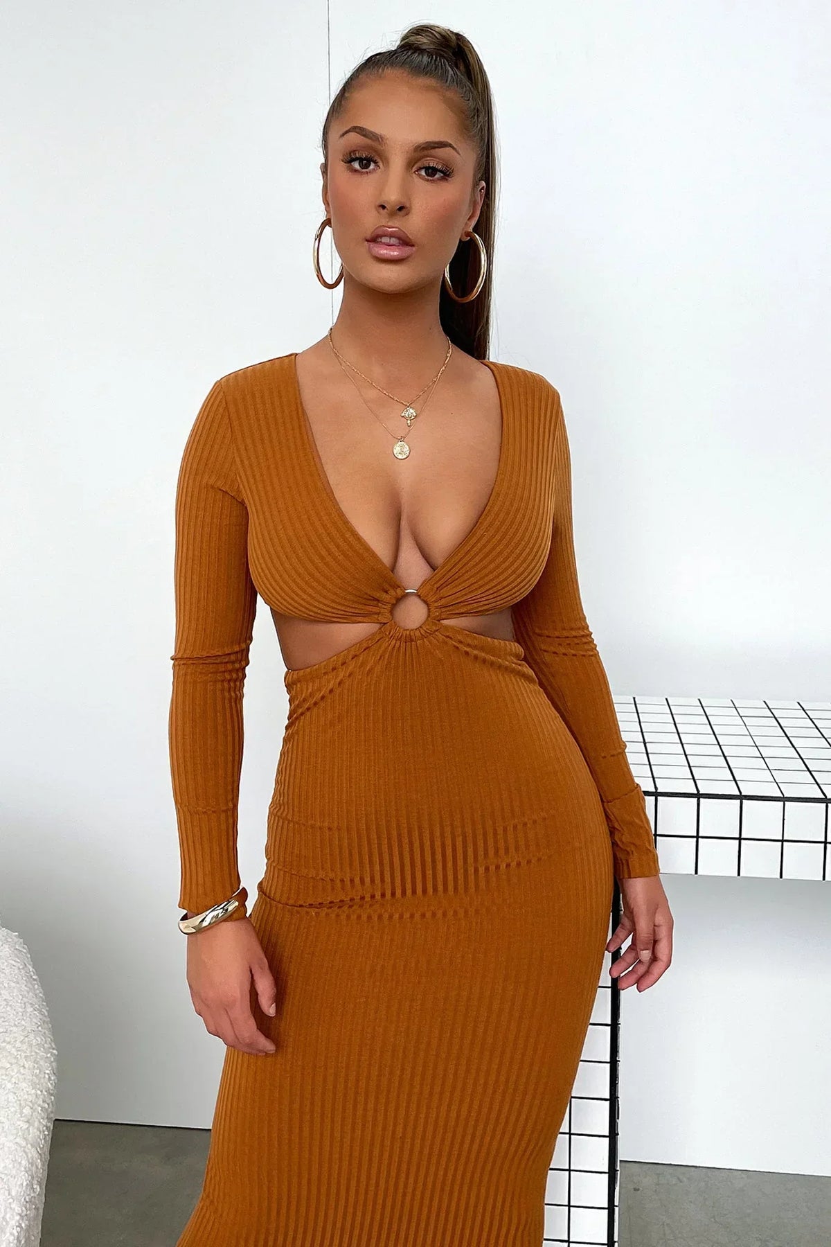 Laska Midi Dress - Rust Brown