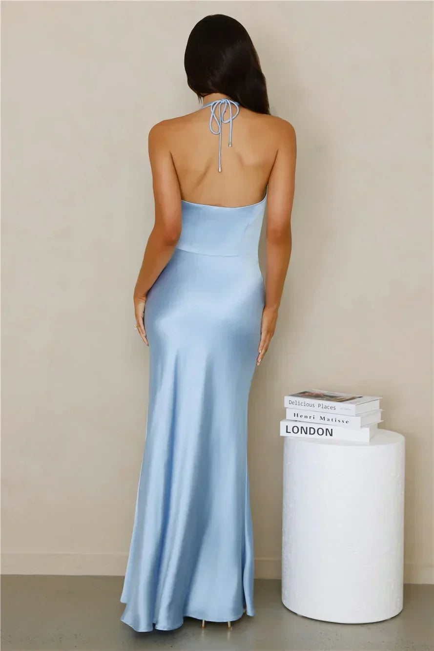Spiced Sunset Satin Halter Maxi Dress