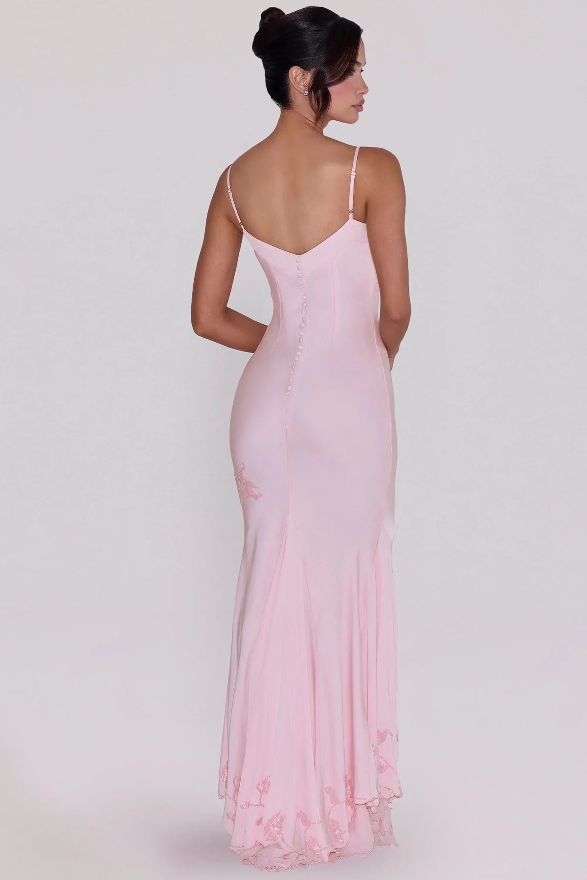pink hand beaded embellished satin maxi dress