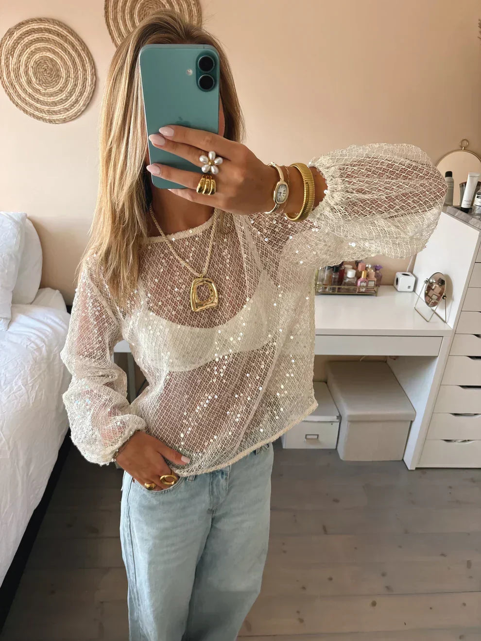 Monica | Women'S Round Neck Sequin Mesh Top