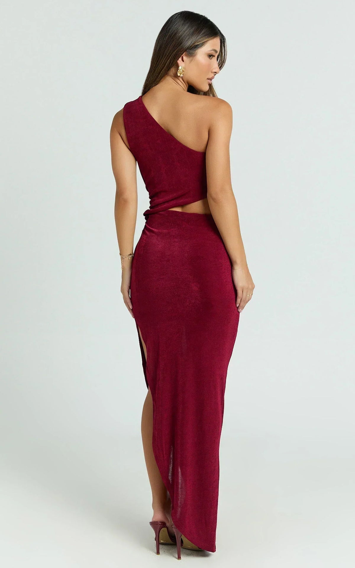 Kala Midi Dress - One Shoulder Cut Out Side Split Dress in Wine