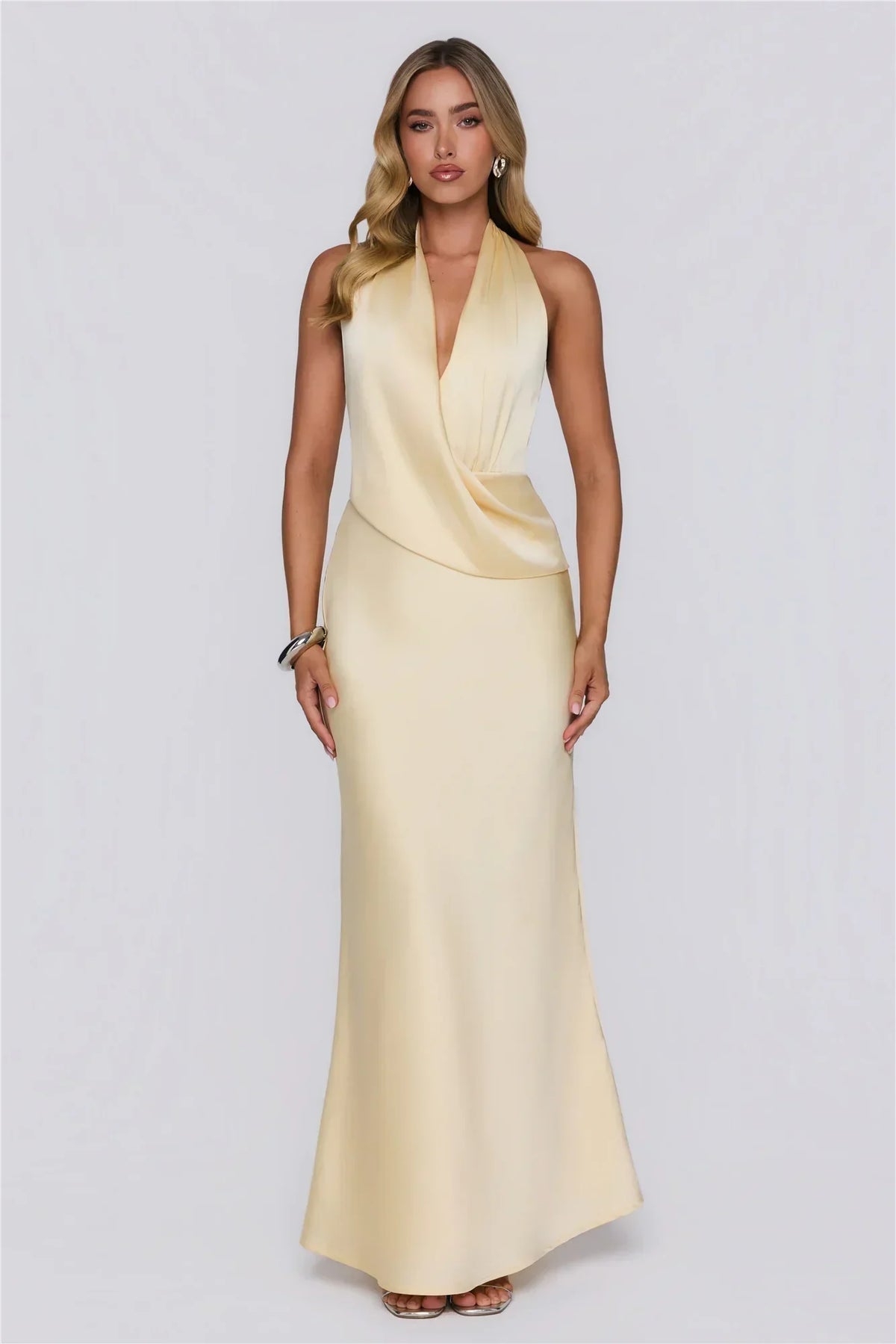 Pastel Horizons Halter Satin Maxi Dress Yellow