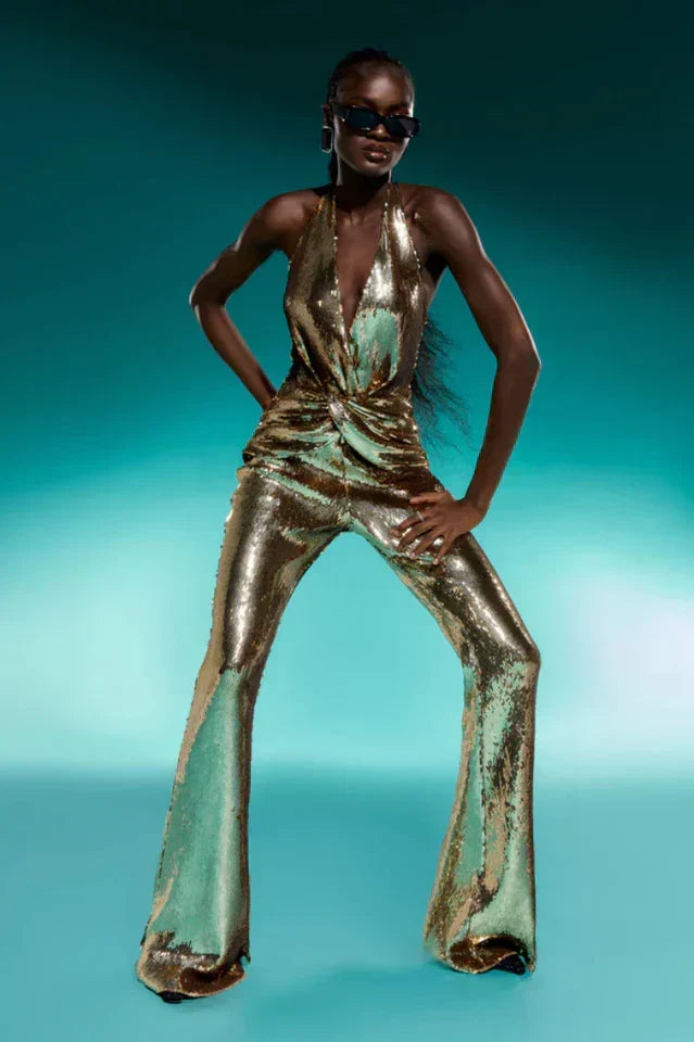 Halter Draped Sequin Jumpsuit