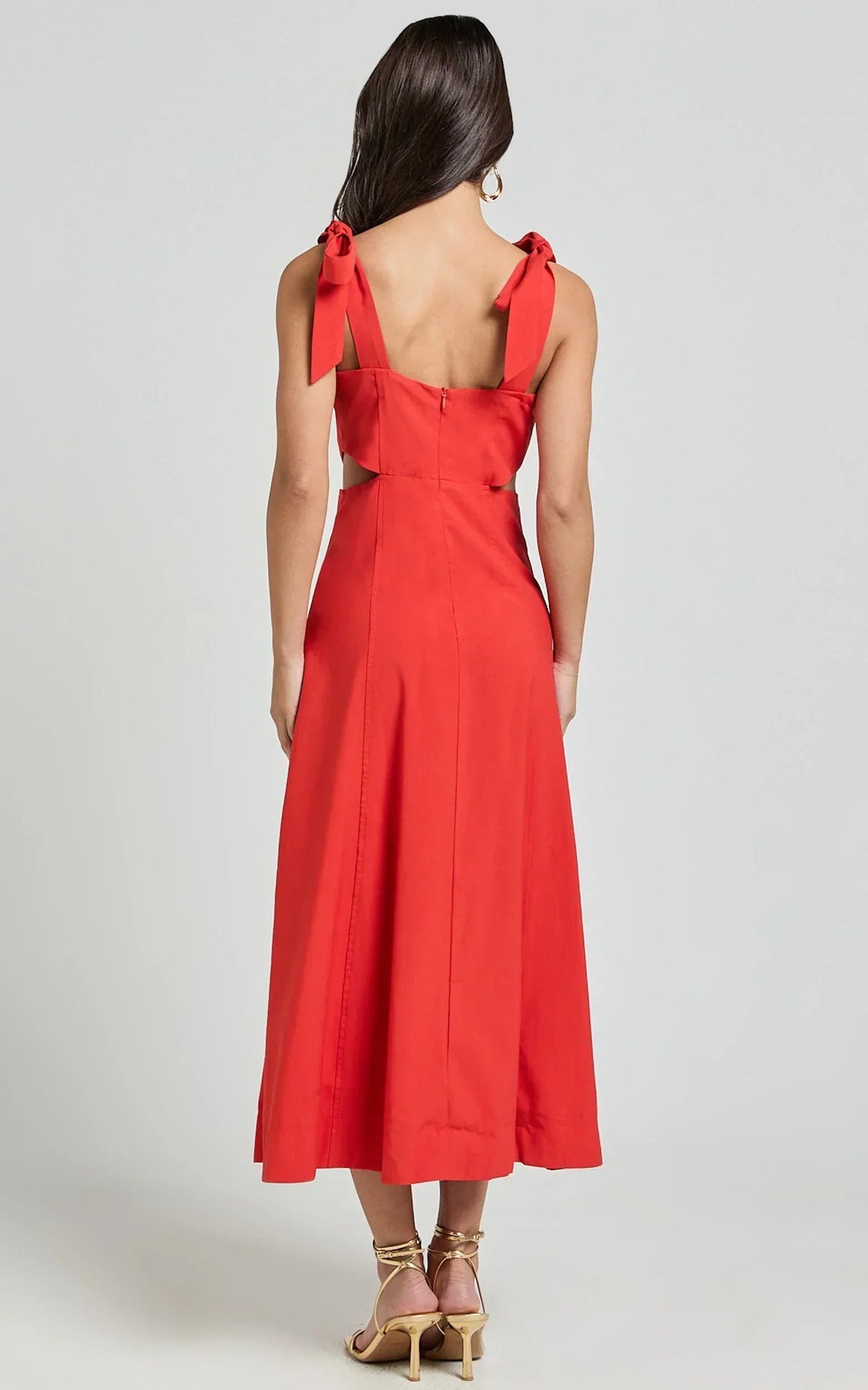 Giana Midi Dress - Shoulder Tie Cut Out Thigh Split Dress in Red