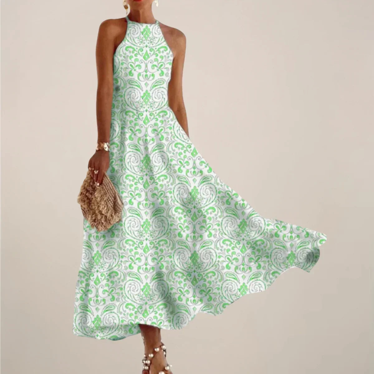 Women’S Printed Halter Neck Maxi Dress – A-Line Flowy Summer Dress