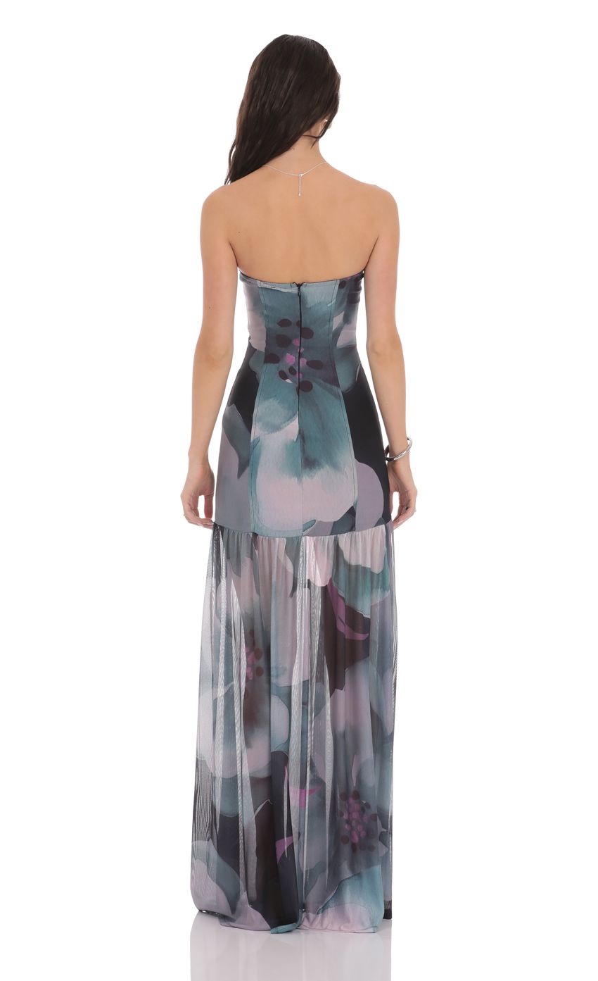 Floral Mesh Strapless Maxi Dress in Navy