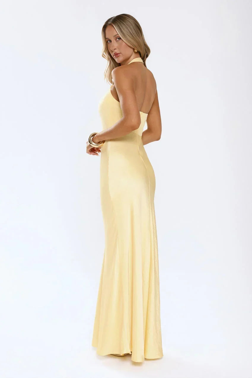 The Dress Effect Satin Halter Maxi Dress Yellow