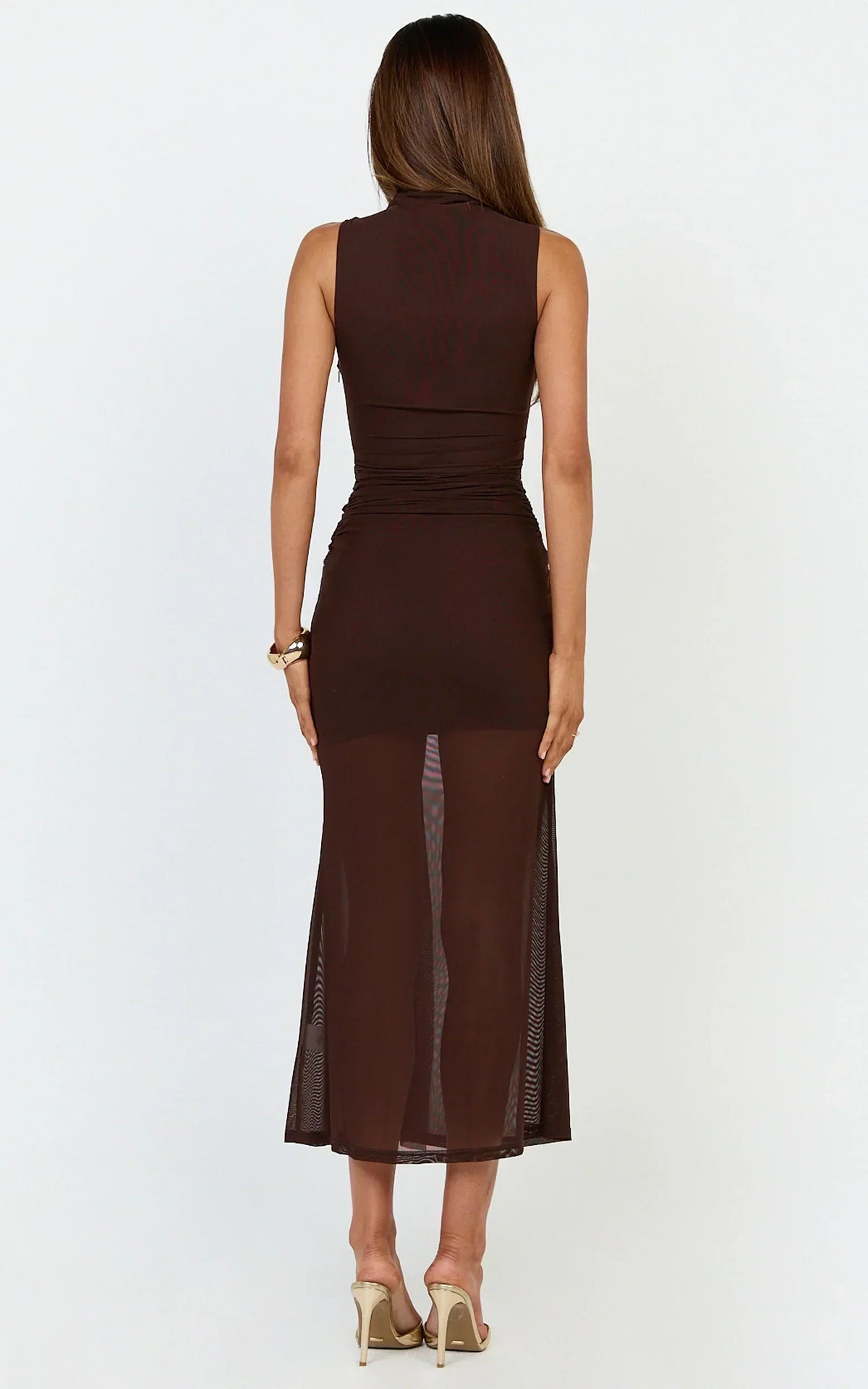 Jaimae Midi Dress - High Neck Side Knot Detail Mesh Dress In Chocolate