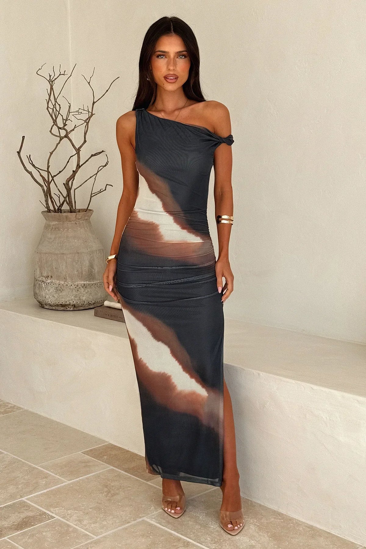 Rebekah Mesh Maxi Dress - Charcoal/Brown