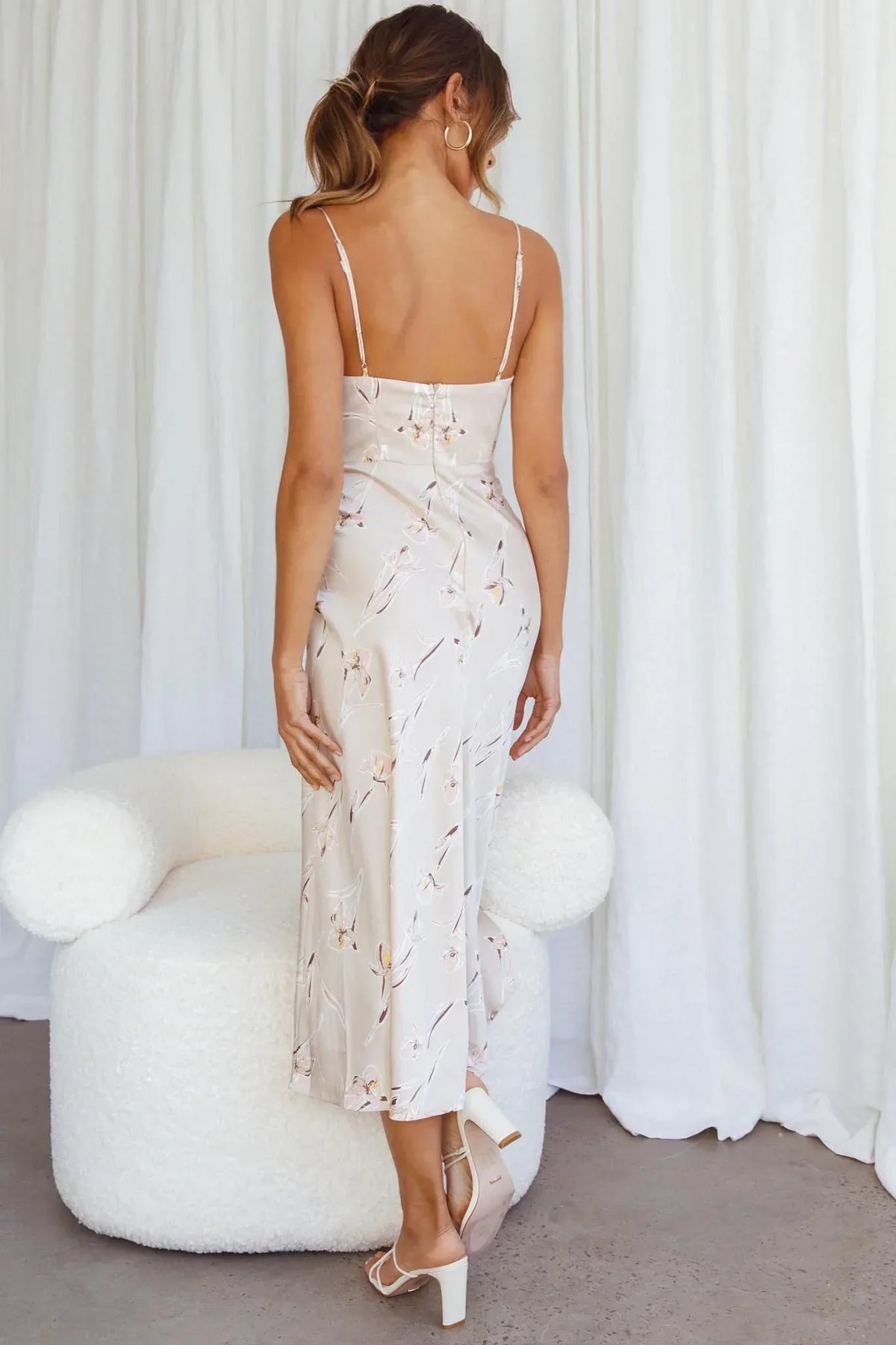 Lake Como Fitted Bodice Cami Strap Midi Dress Orchid Print Beige